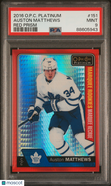 2016-17 O-Pee-Chee Platinum Auston Matthews #151 Red Prism /199 Rookie PSA 9