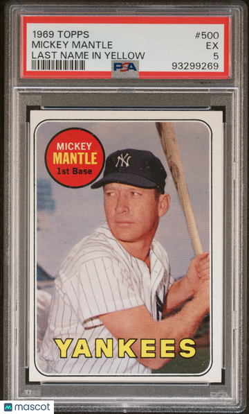1969 Topps Mickey Mantle #500 Last Name In Yellow PSA 5