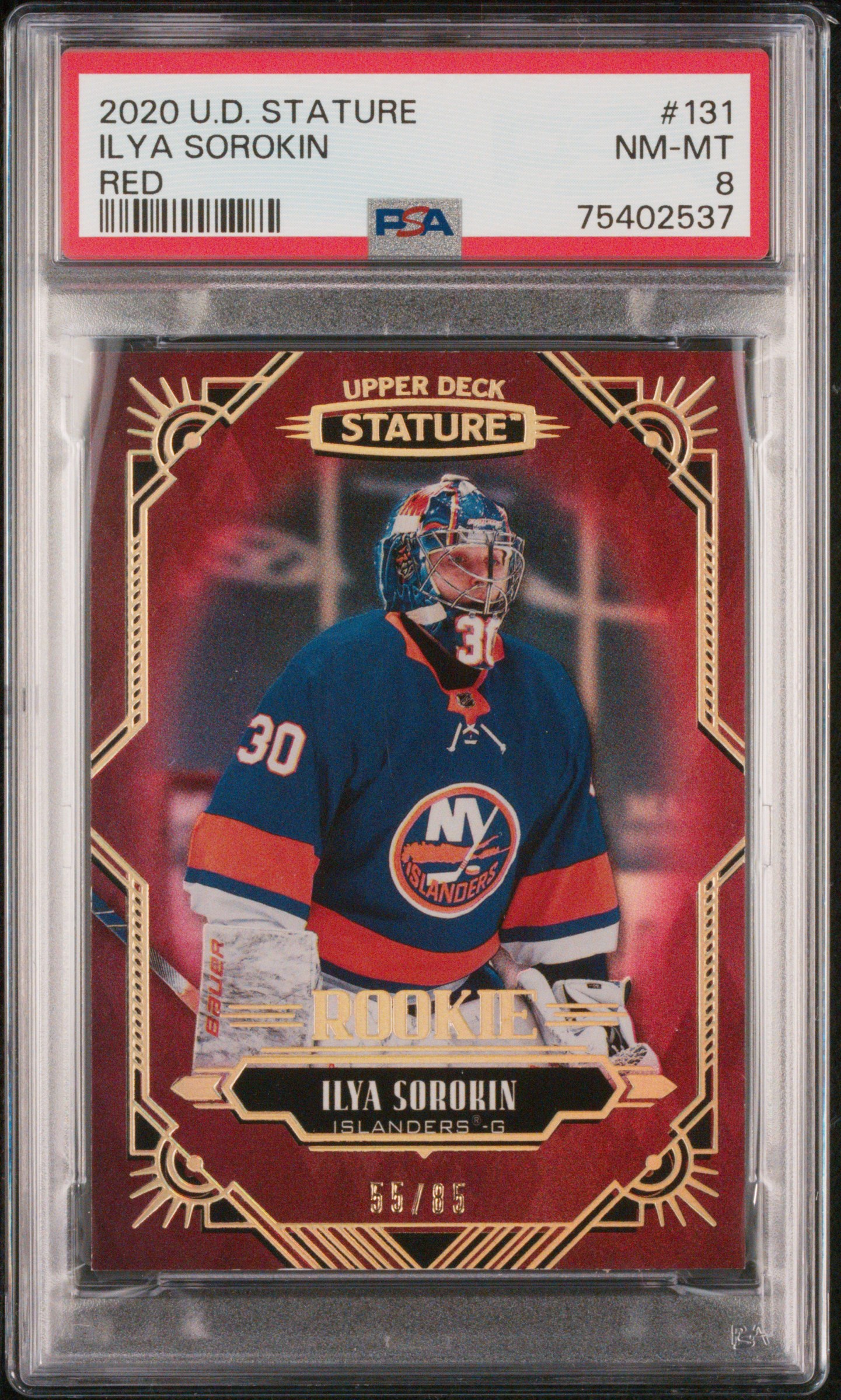 2020-2021 Upper Deck Stature Ilya Sorokin #131 Red PSA 8
