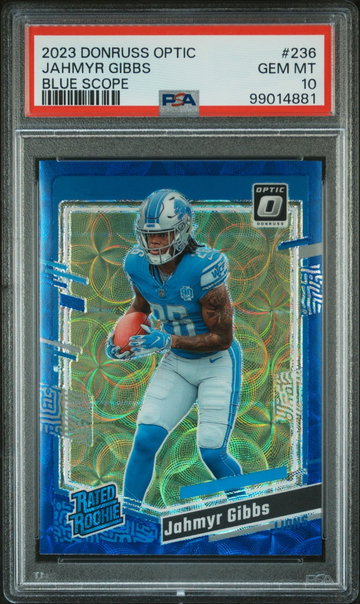 2023 Donruss Optic Rated Rookie Blue Scope Jahmyr Gibbs #236 PSA 10
