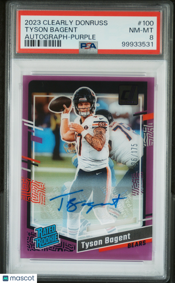 Tyson Bagent 2023 Panini Clearly Donruss #100 Autograph Purple 26/175 PSA 8