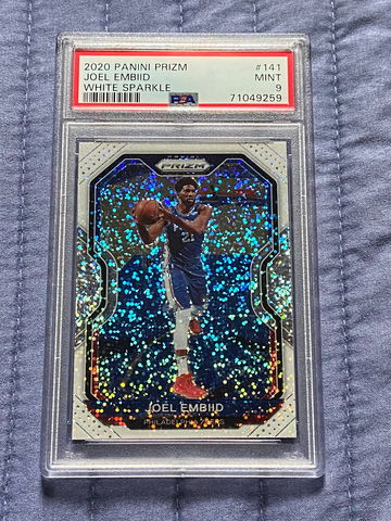 Joel Embiid PSA MINT 9 - 2020-21 Panini Prizm White Sparkle - #141 76ers 