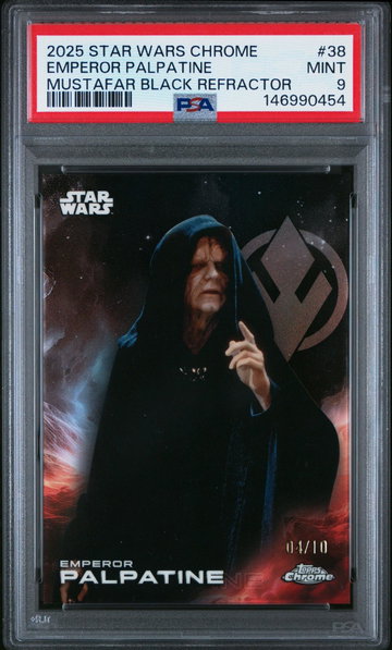 2025 Topps Chrome Star Wars Mustafar Black Refractor Emperor Palpatine #38 /10 PSA 9