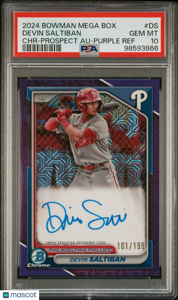 2024 Bowman Mega Box Chrome Bowman Prospect Mega Autographs Devin Saltiban #DS Chr-Prospect Au-Purple Ref /199 PSA 10