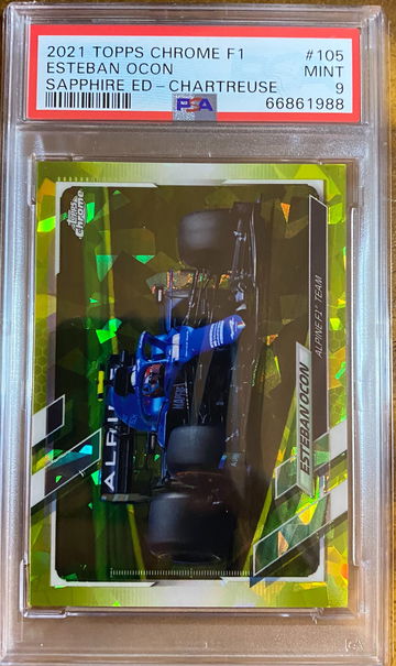 2021 TOPPS CHROME F1 SAPPHIRE CHARTREUSE SP /199 ESTEBAN OCON #105 PSA 9 MINT