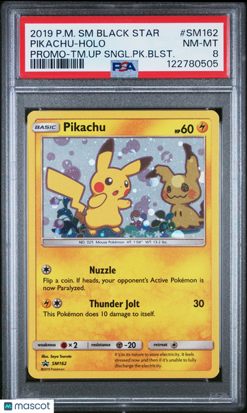 2019 Pokemon SM Black Star Promo Pikachu Holo Promo-TM.Up Sngl.PK.Blst. PSA 8 #SM162