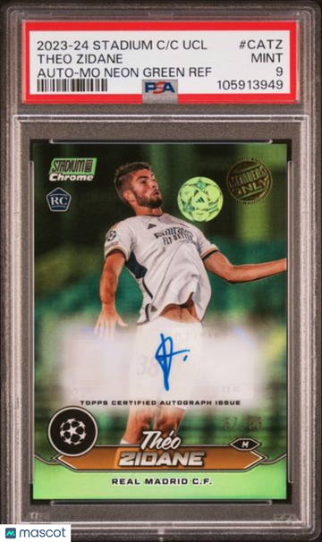 2023-24 Topps Stadium Club Chrome UEFA Club Competitions Chrome Autographs Theo Zidane #CATZ Mo Neon Green Ref /99 PSA 9