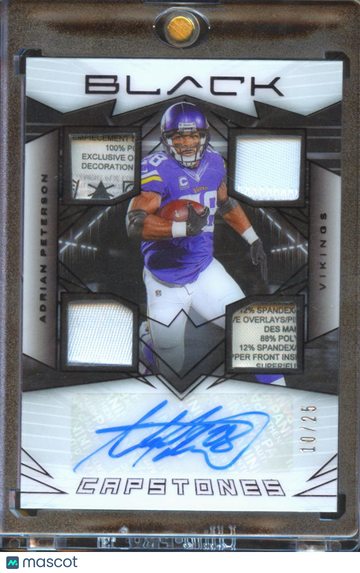 Adrian Peterson 2024 Panini Black Capstones Authentic Memorabilia Quad Relic Memorabilia Auto /25 Minnesota Vikings