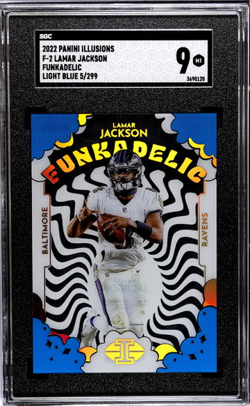 2022 Panini Illusions #F-2 Lamar Jackson Funkadelic Light Blue /299 SGC 9