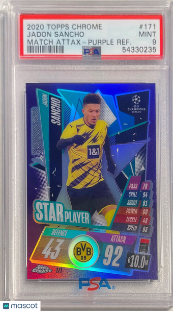2020 Topps Chrome Match Attax UEFA Champions League Europa League Jadon Sancho #171 Purple Refractor PSA 9