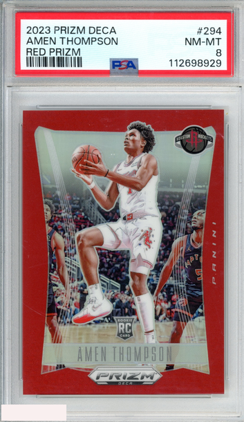2023 PANINI PRIZM DECA AMEN THOMPSON #294 RED PRIZM 63 OF 199 ROOKIE RC PSA 8