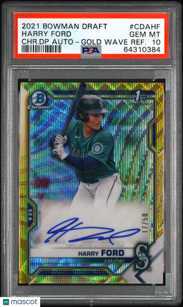 2021 Bowman Draft Chrome Draft Pick Autographs Harry Ford #CDAHF CHR. DP Gold Wave Refractor /50 PSA 10