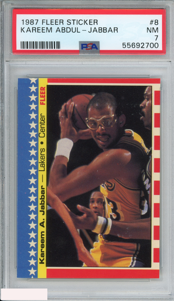 1987 FLEER STICKER KAREEM ABDUL-JABBAR #8 LOS ANGELES LAKERS HOF PSA 7 NM