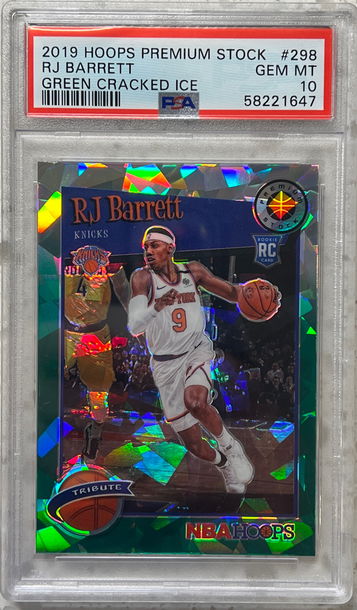 2019 panini hoops premium stock rj Barrett rc rookie greeen cracked ice Prizm knicks psa 10