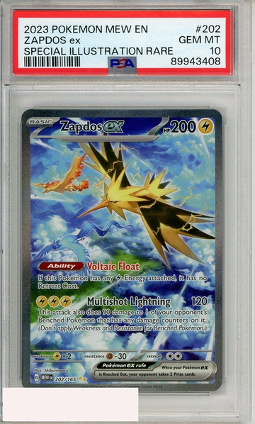 2023 POKEMON MEW EN-151 ZAPDOS EX #202 SPECIAL ILLUSTRATION RARE PSA 10 GEM MT