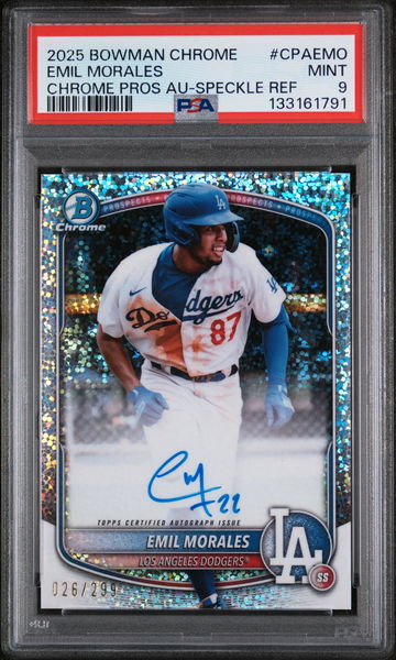 2025 Bowman Chrome Prospect Autograph Speckle Refractor Emil Morales #CPAEMO /299 PSA 9