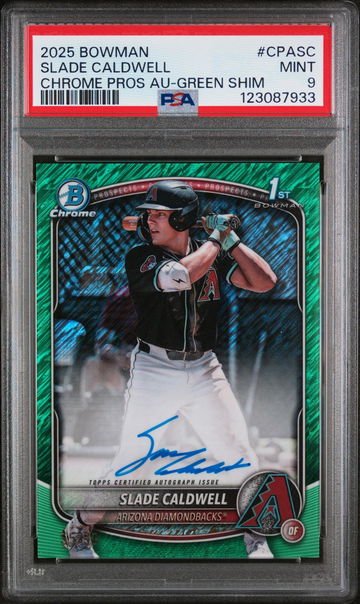 2025 Bowman Chrome Prospect Autograph Green Shimmer Refractor Slade Caldwell #CPASC PSA 9
