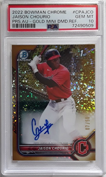 Jaison Chourio 2022 Bowman Chrome Prospect Autograph Gold Mini-Diamond Refractor #/50 , PSA 10 , Auto