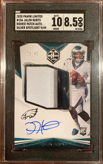 Jalen Hurts RPA rookie patch auto 2020 Panini Limited Silver /49 SGC 8.5