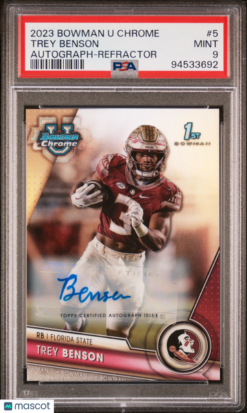 2023 Bowman University Chrome Trey Benson #5 Autograph Refractor PSA 9