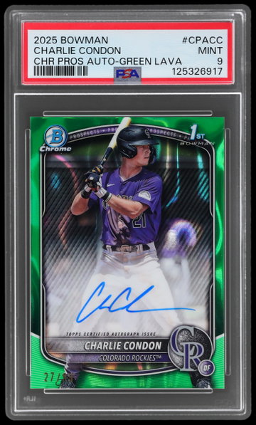 2025 Bowman Chrome Charlie Condon Prospect Autograph Green Lava PSA 9