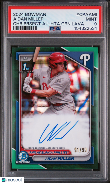 2024 Bowman Chrome Prospect Autographs Aidan Miller #CPAAMI Prspct Hta GRN Lava /99 PSA 9