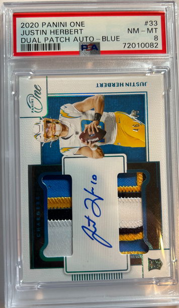 2020 Justin Herbert Panini One Rookie Dual Patch Auto Blue Parallel PSA 8