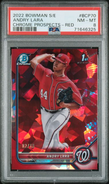 2022 BOWMAN CHROME SAPPHIRE ANDRY LARA #BCP70 RED SP /10 PSA 8