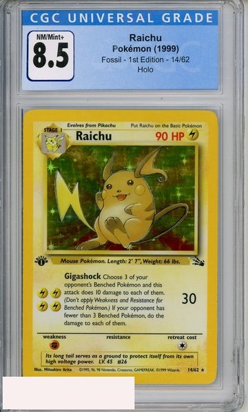 1999 POKEMON FOSSIL 1ST EDITION HOLO RAICHU #14 CGC 8.5