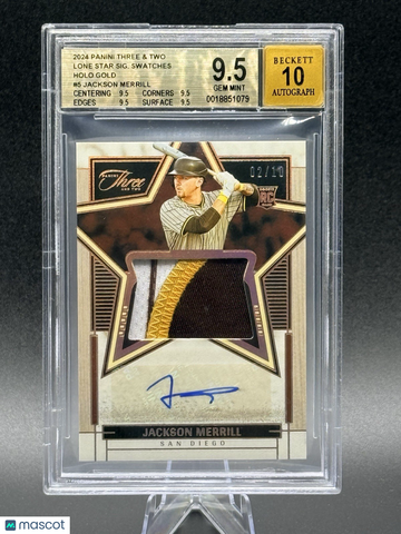 2024 Panini Three and Two Jackson Merrill #LSS-JM Lone Star Series /10 Short Print Rookie Autographed Memorabilia BGS 9.