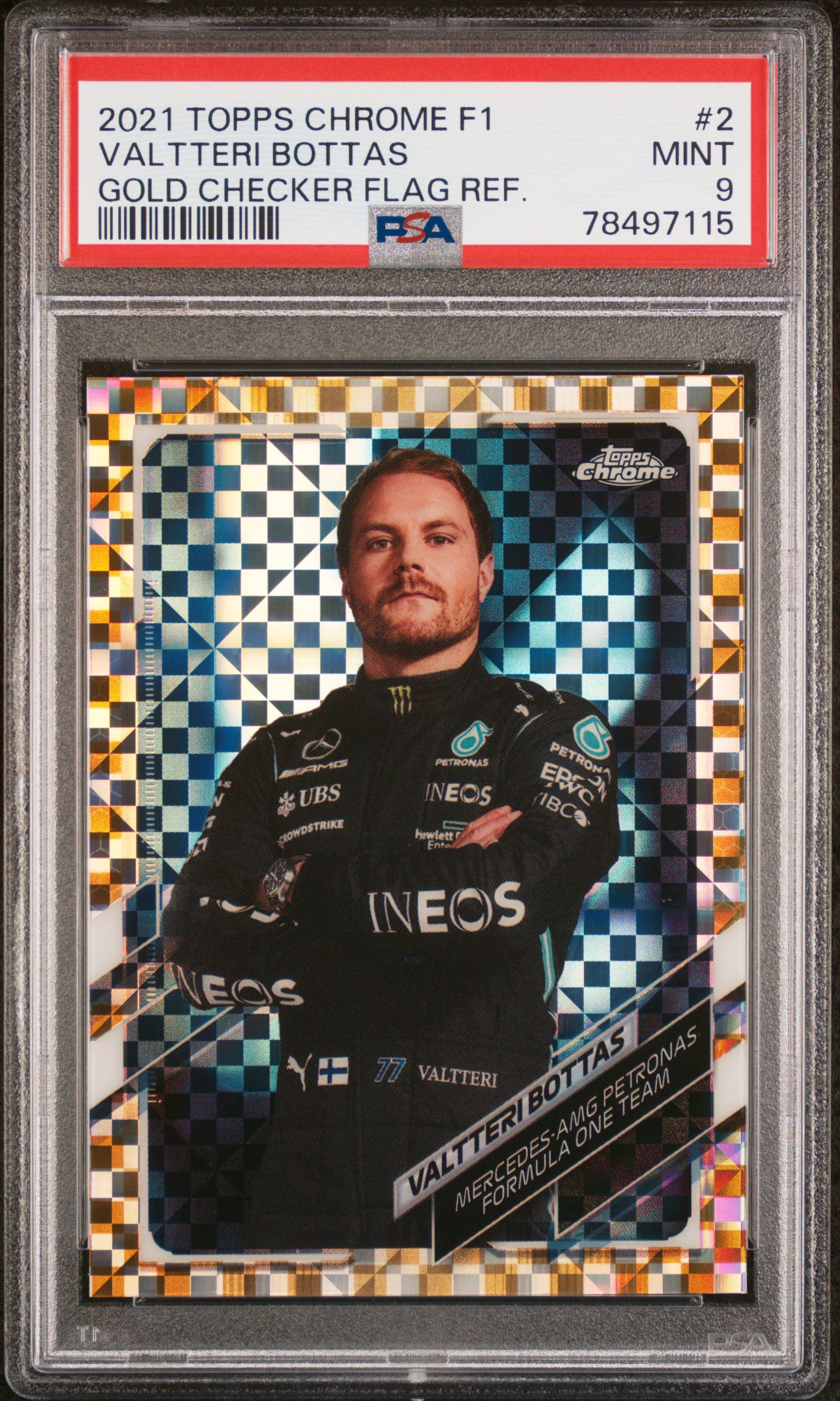 2021 Topps Chrome F1 Gold Checker Flag Refractor /50 Valtteri Bottas #2 PSA 9