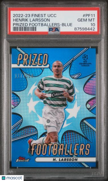 2022-23 Topps Finest UEFA Club Competitions Prized Footballers Henrik Larsson #PF11 Blue Ref /150 PSA 10