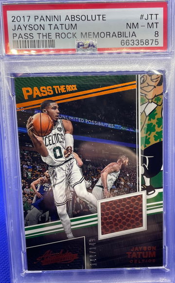 2017-18 Panini Absolute Jayson Tatum RC Pass The Rock Jersey PSA 8 NM-MT /149 SP