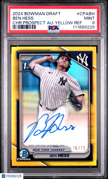 2024 Bowman Draft Chrome Prospect Autographs Ben Hess #CPABH Yellow Ref /75 PSA 9