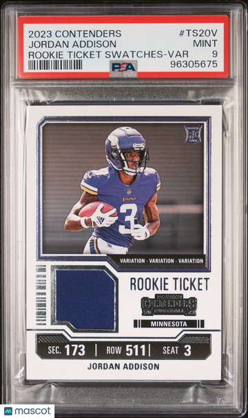 2023 Panini Contenders Rookie Ticket Swatches Jordan Addison #TS20V Rookie Ticket Swatches-Var Rookie PSA 9