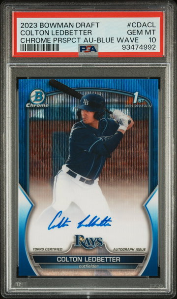 2023 BOWMAN COLTON LEDBETTER DRAFT CHROME PROSPECT AUTOGRAPH CHROME PRSPCT AU-BLUE WAVE #CDACL PSA 10  BS.B3.05