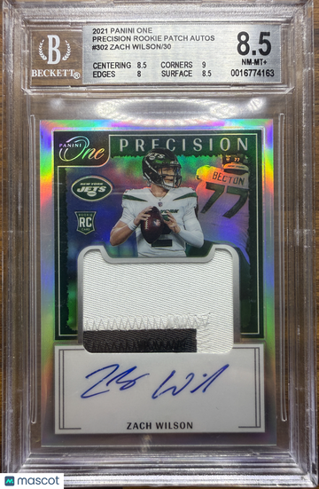 2021 Panini One Precision Rookie Patch Autographs Zach Wilson #302 /30 Rookie BGS 8.5 Auto 9