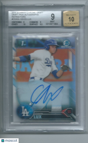 2016 Bowman Chrome Draft Draft Pick Autographs Refractors Gavin Lux #CDAGL BGS 9 Auto 10