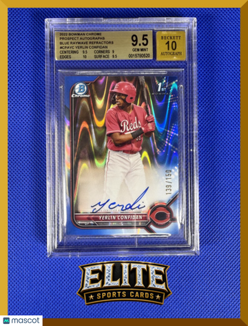 2022 Bowman Chrome Prospect Autographs Yerlin Confidan #CPA-YC Blue Raywave Refractor /150 1st Bowman BGS 9.5 BAS Auto 1