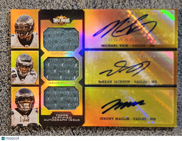 2011 Triple Threads Game-Used Jersey Jeremy Maclin DeSean Jackson Michael Vick #TTARC-1 Gold /9