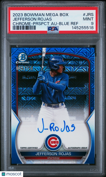 2023 Bowman Mega Box Chrome Prospect Autographs Jefferson Rojas #JRS Prspct Blue Ref 049/750 PSA 9