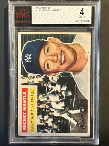 1956 Topps New York Yankees HOF Mickey Mantle #135 - Grey Back - BVG 4 VG-EX