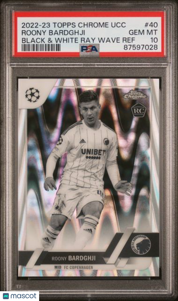 2022-23 Topps Chrome UEFA Club Competitions Roony Bardghji #40 Black & White Ray Wave PSA 10