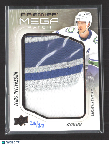 2025 Upper Deck Premier Mega Patch Elias Pettersson #PMP-EP Chest Logo 26/27 Game-used hockey memorabilia Mega Patch Che