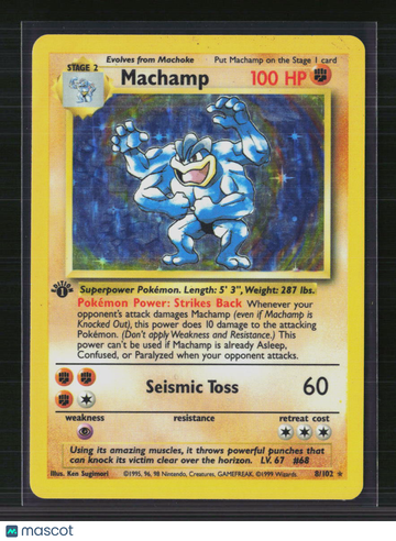 1999 Base Set Machamp Holo Rare 1st Edition #8/102