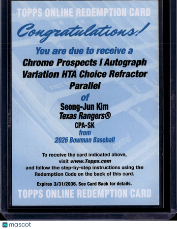 2026 Bowman Baseball Chrome Prospects Seong-Jun Kim #CPA-SK HTA Choice Refractor Redemption