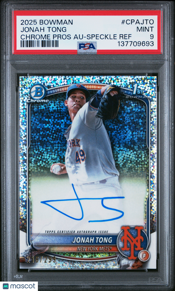 2025 Bowman Chrome Prospect Autographs Jonah Tong #CPAJTO Speckle Ref /299 PSA 9