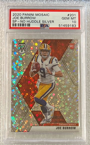 2020 Panini Mosaic Joe Burrow RC #201 Rookie Variations No Huddle Silver PrizmSP PSA 10 GEM MINT