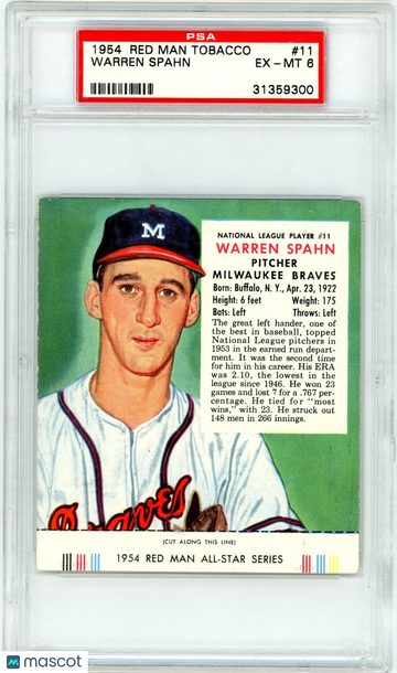 1954 Red Man Tobacco Warren Spahn #11 PSA 6