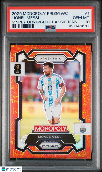 2026 Panini Prizm Monopoly FIFA World Cup Lionel Messi #1 Mnply Orng GLD Classic Icns PSA 10